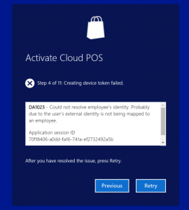 Dynamics AX Cloud POS (CPOS) activation error: DA1023 - Could not resolve employee's identity